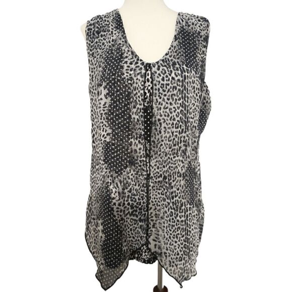 Adele May Top Large Blouse Sleeveless Animal Print Flowy Sheer Mixed Media Tunic - Picture 5 of 16